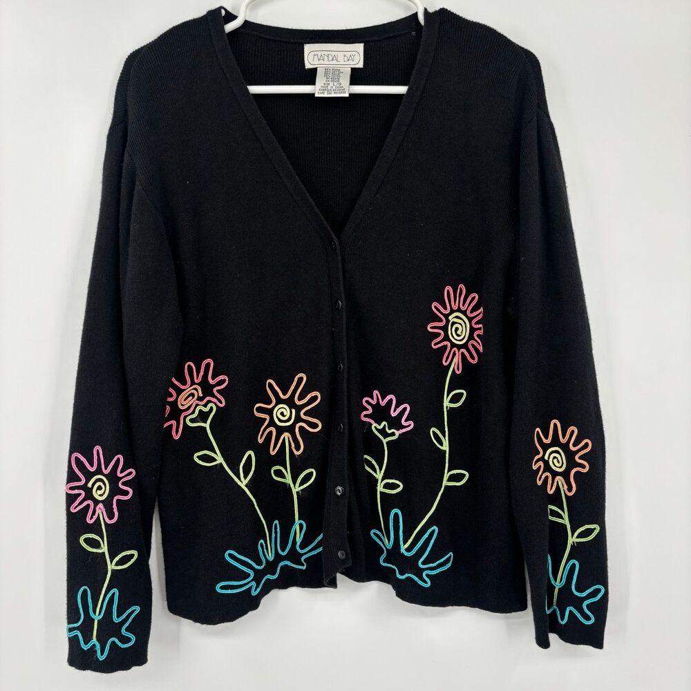 Vintage 90s Mandal Bay Floral Embroidered Cardigan Sweater Black Neon Large